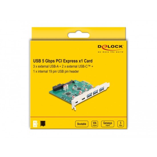DeLOCK USB 5 Gbps PCI Express x1 carte vers 3 x Type-A externes + 2 x USB Type-C externes femelles et 1 x USB 19 broches interne mâle