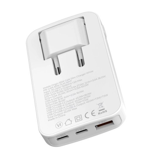 Mobile Origin GAN-65W-SLM-WHT chargeur d'appareils mobiles Universel Blanc USB Charge rapide Intérieure