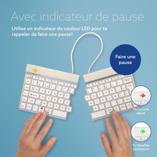 R-Go Tools Clavier ergonomique R-Go Split Break avec logiciel de pause, clavier ergonomique divisé, AZERTY (BE), bluetooth, blanc