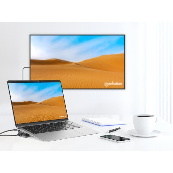 Manhattan Dock/hub USB-C avec lecteur de cartes et MST, 7 ports : Ethernet, 2x HDMI 4K@60Hz, 3x USB-A + USB-C, avec PD 100W - nécessite un chargeur USB-C externe (non inclus). Alimenté par USB (aucune alimentation externe requise) lorsque le PD n'est pas 