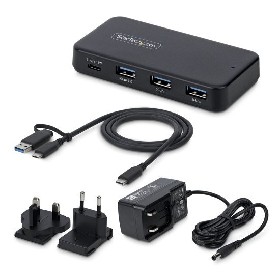 StarTech.com Hub USB-C et USB-A à 4 Ports, 5 Gbps, Auto-Alimenté, Câble Hôte USB-C et USB-A 2 en 1, 1 Port USB-C et 3 Ports USB-A (1x BC 1.2), Adaptateur Secteur 36W Inclus