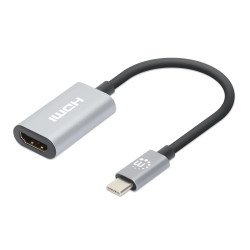 Manhattan Câble USB-C vers HDMI, 4K@60Hz + USB 5 Gbit/s (USB 3.2 Gen 1 / USB 3.0), 11 cm, mâle à mâle, noir/argent, garantie 3 ans