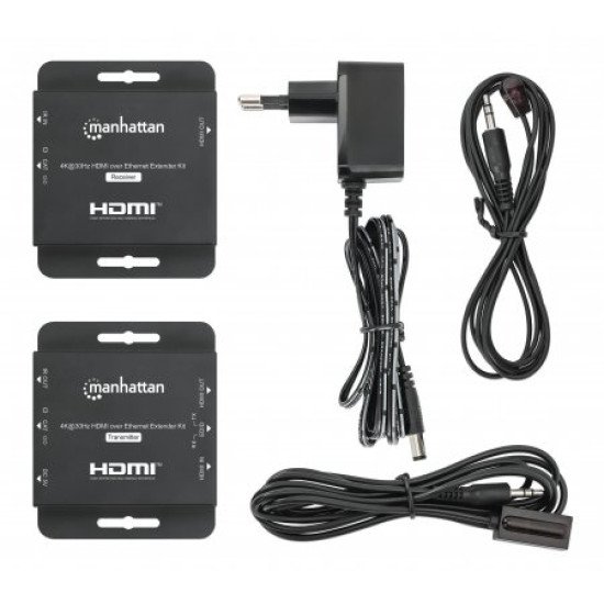 Manhattan Kit d'extension HDMI 4K sur Ethernet, étend 4K@30 Hz jusqu'à 40 m ou 1080p@60 Hz jusqu'à 70 m via câble Cat6, émetteur et récepteur, alimentation par câble (PoC), noir, garantie de 3 ans