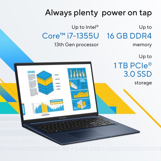 ASUS Vivobook 17 X1704VA-AU586W Intel® Core™ i5 i5-1334U Ordinateur portable 43,9 cm (17.3") Full HD 8 Go DDR4-SDRAM 512 Go SSD Wi-Fi 5 (802.11ac) Windows 11 Home Belge Bleu