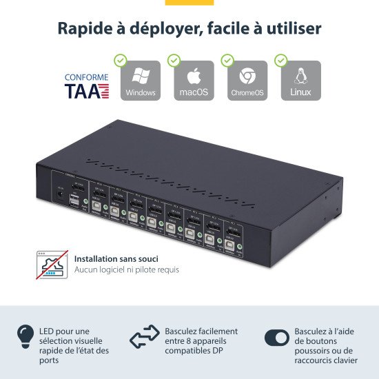 StarTech.com Commutateur KVM DisplayPort 8 Ports avec Kit de Montage en Rack 1U, DP 1.2 4K 60Hz, Commutation par Bouton-Poussoir, Switch 8 Ports, Hub USB 4 Ports, Indépendant de l'OS, Conforme TAA StarTech.com Commutateur KVM DisplayPort 8 Ports avec Kit de Montage en Rack 1U, DP 1.2 4K 60Hz, Commutation par Bouton-Poussoir, Switch 8 Ports, Hub USB 4 Ports, Indépendant de l'OS, Conforme TAA