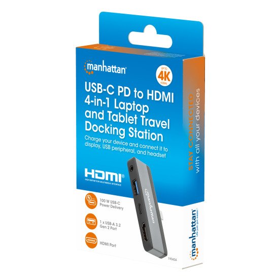 Manhattan Dock/hub de voyage USB-C, 4 ports : HDMI, USB-A, USB-C et audio 3,5 mm, avec Power Delivery (PD) 100 W - nécessite un chargeur USB-C externe (non inclus). Alimenté par USB (aucune alimentation externe requise) lorsque le PD n'est pas utilisé