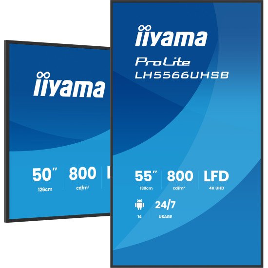 iiyama LH5566UHSB-B1AG Écran d'affichage dynamique Écran plat de signalisation numérique 139,7 cm (55") LCD Wifi 800 cd/m² 4K Ultra HD Noir Intégré dans le processeur Android 24/7