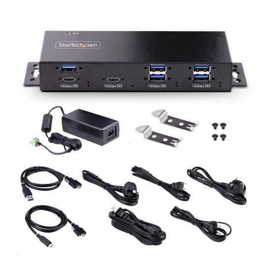StarTech.com Hub Industriel USB 10Gbps à 7 Ports avec Adaptateur d'Alimentation, Métal, Montable, 5 Ports USB-A et 2 Ports USB-C en Aval, Protection ESD, Hub USB Alimenté, TAA