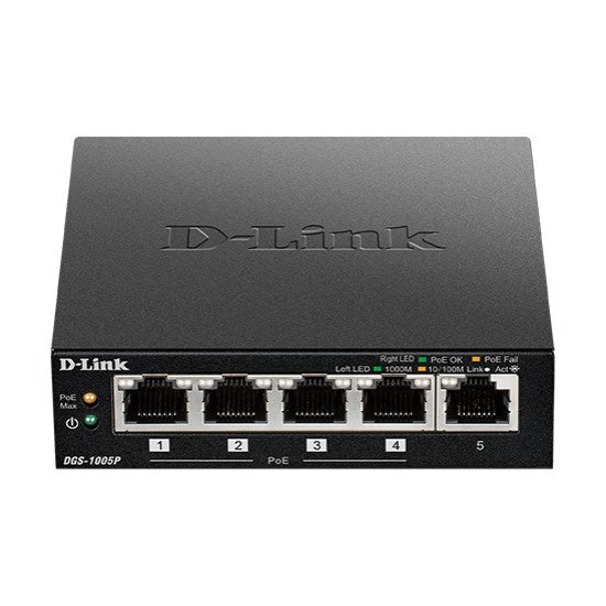 D-Link DGS-1005P commutateur réseau Non-géré L2 Gigabit Ethernet (10/100/1000) Noir Connexion Ethernet, supportant l'alimentation via ce port (PoE)