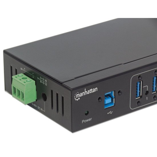 Manhattan Hub USB-A industriel 7 ports, 5 Gbit/s (USB 3.0), protection ESD 20 kV, alimentation secteur/bus/borniers, rail DIN, montage mural, boîtier métal, verrouillage vis