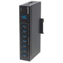 Manhattan Hub USB-A industriel 7 ports, 5 Gbit/s (USB 3.0), protection ESD 20 kV, alimentation secteur/bus/borniers, rail DIN, montage mural, boîtier métal, verrouillage vis