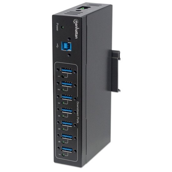 Manhattan Hub USB-A industriel 7 ports, 5 Gbit/s (USB 3.0), protection ESD 20 kV, alimentation secteur/bus/borniers, rail DIN, montage mural, boîtier métal, verrouillage vis
