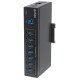 Manhattan Hub USB-A industriel 7 ports, 5 Gbit/s (USB 3.0), protection ESD 20 kV, alimentation secteur/bus/borniers, rail DIN, montage mural, boîtier métal, verrouillage vis