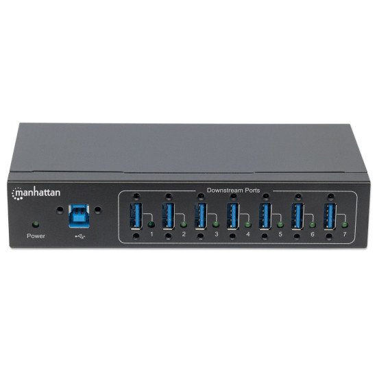 Manhattan Hub USB-A industriel 7 ports, 5 Gbit/s (USB 3.0), protection ESD 20 kV, alimentation secteur/bus/borniers, rail DIN, montage mural, boîtier métal, verrouillage vis