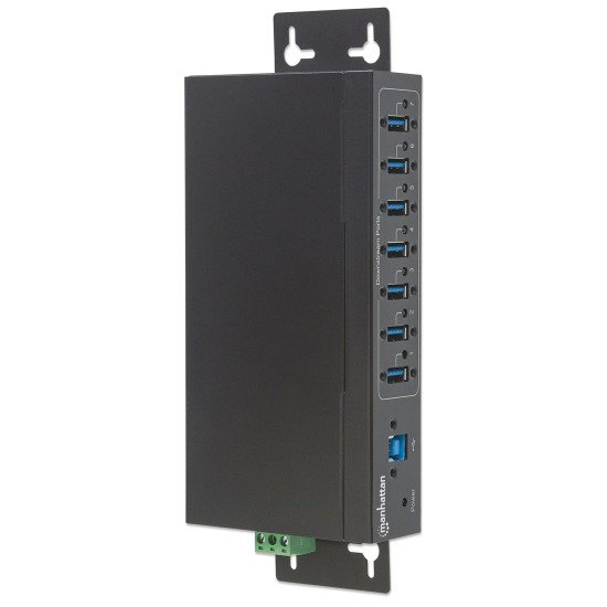 Manhattan Hub USB-A industriel 7 ports, 5 Gbit/s (USB 3.0), protection ESD 20 kV, alimentation secteur/bus/borniers, rail DIN, montage mural, boîtier métal, verrouillage vis