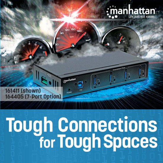 Manhattan Hub USB-A industriel 7 ports, 5 Gbit/s (USB 3.0), protection ESD 20 kV, alimentation secteur/bus/borniers, rail DIN, montage mural, boîtier métal, verrouillage vis