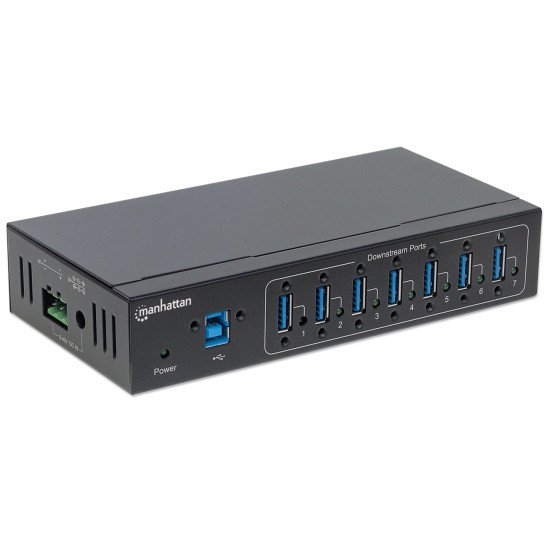 Manhattan Hub USB-A industriel 7 ports, 5 Gbit/s (USB 3.0), protection ESD 20 kV, alimentation secteur/bus/borniers, rail DIN, montage mural, boîtier métal, verrouillage vis