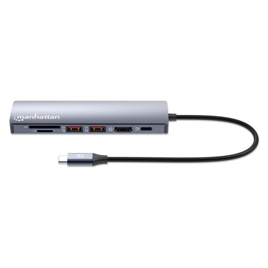 Manhattan Dock/hub USB-C avec lecteur de cartes, 5 ports : Ethernet, HDMI, 2x USB-A + USB-C, avec Power Delivery (PD) 100 W - nécessite un chargeur USB-C externe (non inclus). Alimenté par USB (aucune alimentation externe requise) lorsque le PD n'est pas 