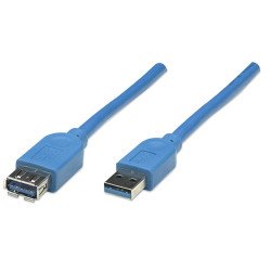 Manhattan Rallonge USB-A vers USB-A, 2 m, mâle vers femelle, 5 Gbit/s (USB 3.2 Gen1 / USB 3.0), bleu, garantie à vie, équivalent à USB3SEXT2MBK (sauf la couleur)