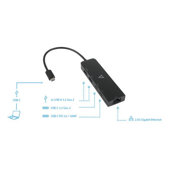 V7 Adaptateur Ethernet 2.5 G USB-C mâle vers USB-A femelle x 2, USB-C femelle x 1 , RJ45 femelle x 1 noir