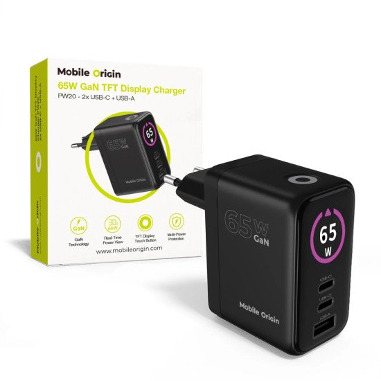 Mobile Origin MO-65WDCH-PW20 chargeur d'appareils mobiles Universel Noir Secteur Charge rapide Intérieure