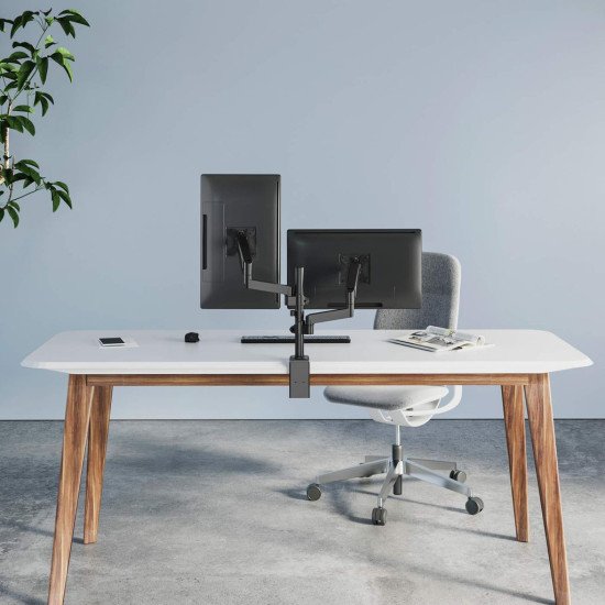 Manhattan Support de bureau double pour TV/moniteurs (bras à vérin gaz à Bras articulé), écrans 10" à 27", fixation à l'arrière par pince ou passe-câble, Compatibilité VESA : 75x75 et 100x100 mm (vérifiez les dimensions des quatre trous de fixat