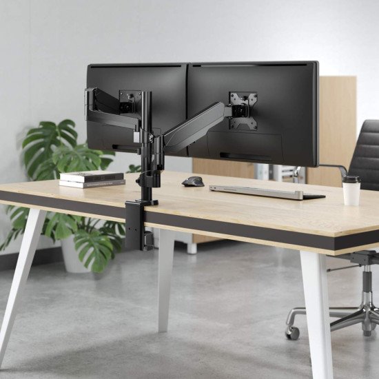Manhattan Support de bureau double pour TV/moniteurs (bras à vérin gaz à Bras articulé), écrans 10" à 27", fixation à l'arrière par pince ou passe-câble, Compatibilité VESA : 75x75 et 100x100 mm (vérifiez les dimensions des quatre trous de fixat