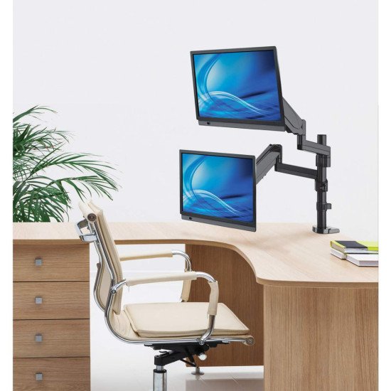 Manhattan Support de bureau double pour TV/moniteurs (bras à vérin gaz à Bras articulé), écrans 10" à 27", fixation à l'arrière par pince ou passe-câble, Compatibilité VESA : 75x75 et 100x100 mm (vérifiez les dimensions des quatre trous de fixat