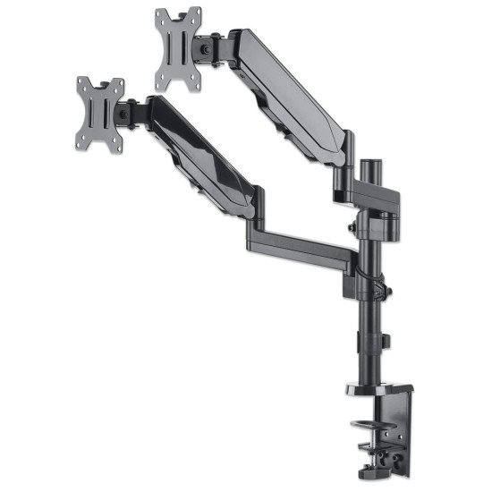 Manhattan Support de bureau double pour TV/moniteurs (bras à vérin gaz à Bras articulé), écrans 10" à 27", fixation à l'arrière par pince ou passe-câble, Compatibilité VESA : 75x75 et 100x100 mm (vérifiez les dimensions des quatre trous de fixat