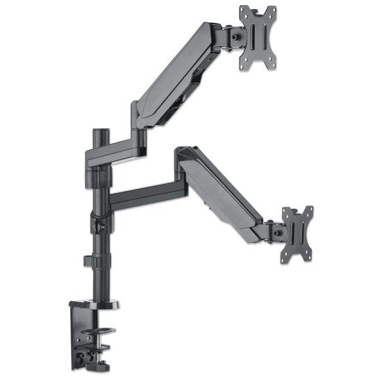 Manhattan Support de bureau double pour TV/moniteurs (bras à vérin gaz à Bras articulé), écrans 10" à 27", fixation à l'arrière par pince ou passe-câble, Compatibilité VESA : 75x75 et 100x100 mm (vérifiez les dimensions des quatre trous de fixat