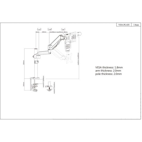 Manhattan Support de bureau TV/moniteur (Bras articulé à vérin à gaz), écrans 13"–27", pince ou passe-câble, Compatibilité VESA : 75x75 et 100x100 mm (vérifiez les dimensions des quatre trous de fixation à l'arrière), charge max. 8 kg