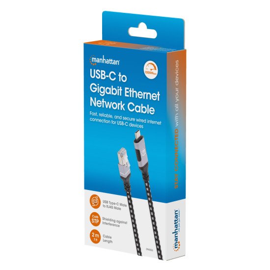 Manhattan Câble USB-C vers réseau Gigabit RJ45 (10/100/1000), 2 m, Ethernet multi-gigabit, noir/argent, garantie 3 ans