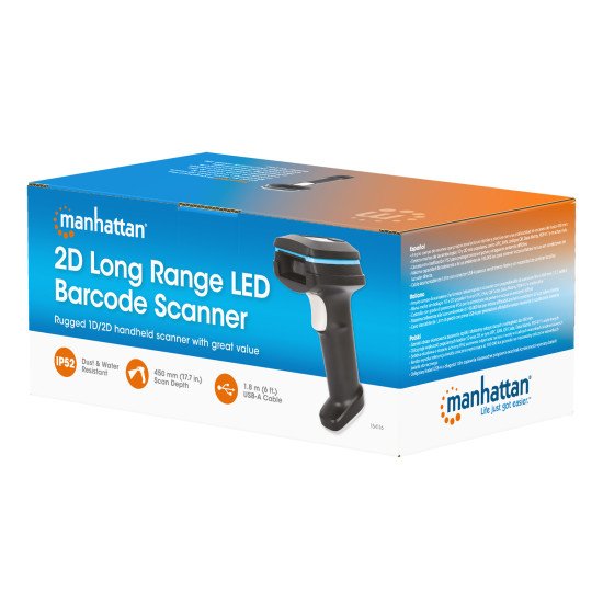 Manhattan Scanner de codes-barres LED 2D longue portée, USB, profondeur de lecture 450 mm, luminosité ambiante max. 100 000 lux, compatible codes 1D et 2D, câble RJ45 vers USB-A 1,8 m, noir, garantie 3 ans