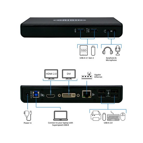 Origin Storage OSDOCK-USB3 station d'accueil USB 3.2 Gen 1 (3.1 Gen 1) Type-A Noir