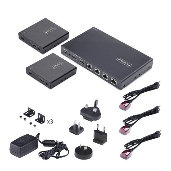 StarTech.com Rallonge et Répartiteur HDMI 4 Ports sur CAT6, 4K 60 Hz, Jusqu'à 70 m, Kit de Distribution HDMI 1x4 sur Ethernet avec IR et Alimentation par Câble