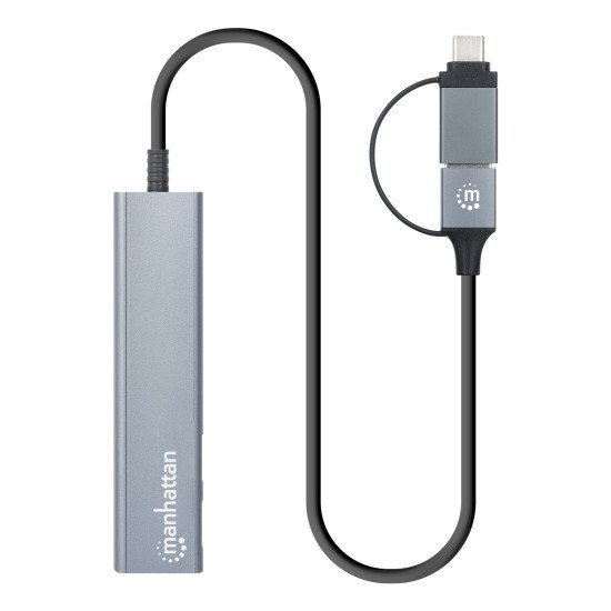 Manhattan Dock/hub combo USB-C & USB-A, 4 ports : 2x USB-A + 2x USB-C, 5 Gbit/s (USB 3.0), Alimenté par USB (aucune alimentation externe requise), aluminium