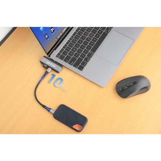 Manhattan Dock/hub de voyage USB-C, 4 ports : HDMI, USB-A, USB-C et audio 3,5 mm, avec Power Delivery (PD) 100 W - nécessite un chargeur USB-C externe (non inclus). Alimenté par USB (aucune alimentation externe requise) lorsque le PD n'est pas utilisé