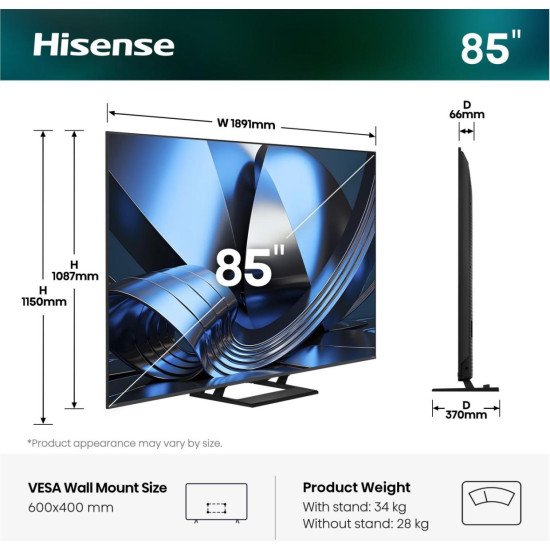 Hisense 85U7DSE 2,16 m (85") 4K Ultra HD Smart TV Wifi Noir