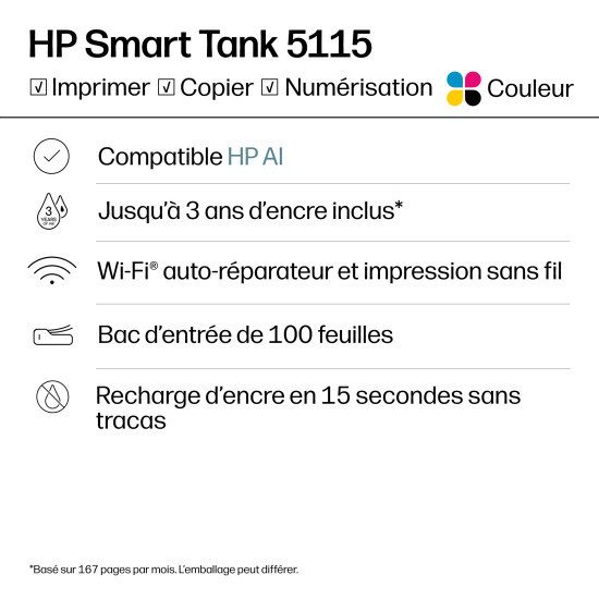 HP Smart Tank 5115 Sans fil All-in-One Couleur Imprimante, Up to 2 Years of ink included; Two-sided printing; Copier, Scanner