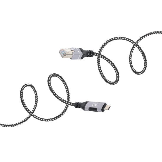 Manhattan Câble USB-C vers réseau Gigabit RJ45 (10/100/1000), 2 m, Ethernet multi-gigabit, noir/argent, garantie 3 ans