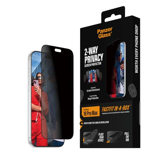 PanzerGlass ® 2-Way Privacy Screen Protector iPhone 2026 Pro Max | Ultra-Wide Fit w. FASTFIT IN-A-BOX Protection d'écran transparent 1 pièce(s)