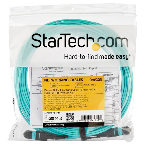 StarTech.com MPO12PL10M câble de fibre optique 10 m MPO/MTP OM3 Couleur aqua