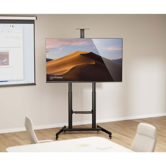 Manhattan Support sur roulettes pour TV/moniteurs, réglage hauteur par manivelle, écrans 37" à 120", Compatibilité VESA : de 200x200 à 1000x600 mm (vérifiez les dimensions des quatre trous de fixation à l'arrière), charge max. 120 kg, hauteur 11