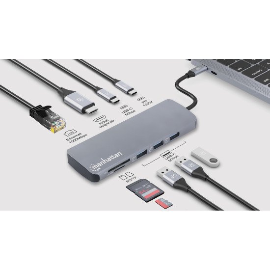 Manhattan Dock/hub USB-C avec lecteur de cartes, 7 ports : Ethernet, HDMI, 3x USB-A + 2x USB-C, avec Power Delivery (PD) 100 W - nécessite un chargeur USB-C externe (non inclus). Alimenté par USB (aucune alimentation externe requise) lorsque le PD n'est p