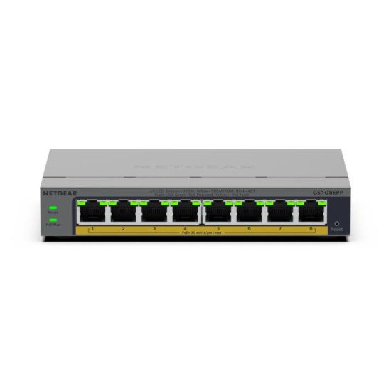 NETGEAR GS108EPP Non-géré Gigabit Ethernet (10/100/1000) Connexion Ethernet POE Montage sur le bureau ou sur le mur Gris