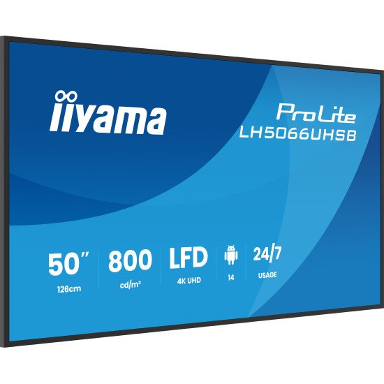 iiyama LH5066UHSB-B1AG Écran d'affichage dynamique Écran plat de signalisation numérique 127 cm (50") LCD Wifi 800 cd/m² 4K Ultra HD Noir Intégré dans le processeur Android 24/7