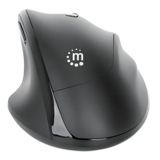 Manhattan Souris ergonomique sans fil (droitière), DPI réglable 800/1200/1600, 2,4 GHz (jusqu'à 10 m), 6 boutons avec molette, récepteur USB-A et USB-C combiné, noire, pile AA incluse, garantie 3 ans