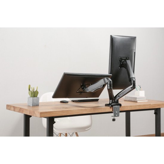 Manhattan Support de bureau double pour TV/moniteurs (bras à ressort à Bras articulé), écrans 10" à 27", fixation à l'arrière par pince ou passe-câble, Compatibilité VESA : 75x75 et 100x100 mm (vérifiez les dimensions des quatre trous de fixatio