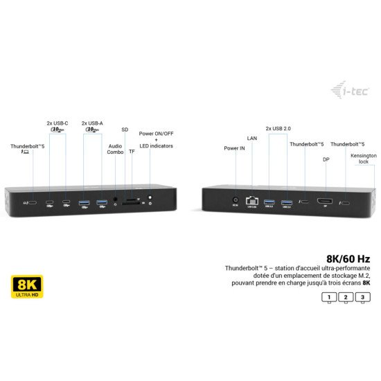 i-tec Thunderbolt 5 Triple Display Docking Station, M.2 slot, 6x USB, 2.5GLAN + Power Delivery 140W