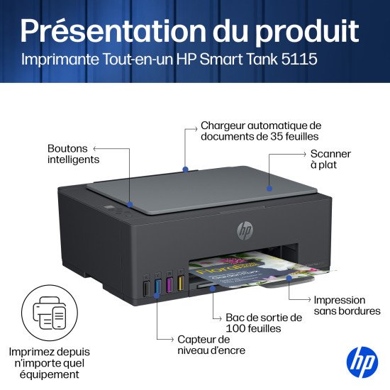 HP Smart Tank 5115 Sans fil All-in-One Couleur Imprimante, Up to 2 Years of ink included; Two-sided printing; Copier, Scanner